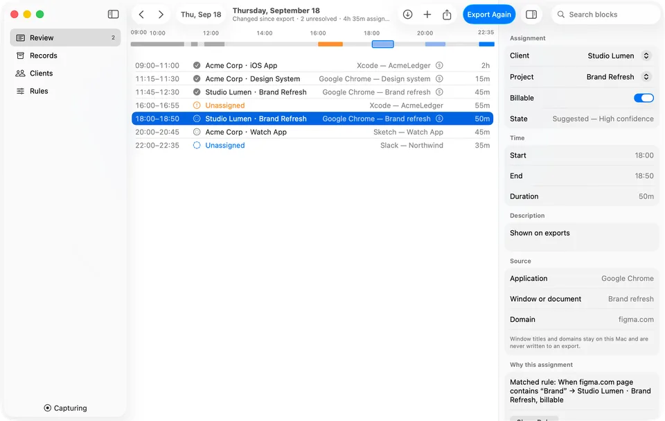 The Review window for Thursday 18 September, with the 18:00 Studio Lumen · Brand Refresh block selected, its source shown as Google Chrome on figma.com, and the rule that made the assignment explained in the inspector.