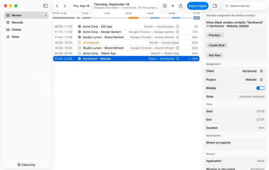 After a correction on the 22:00 Slack block, Review offers to save that assignment as a rule, naming the window it would match on and the client and project it would suggest.